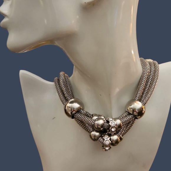 Vintage 1990s Chunky Metal Rhinestone Mesh Chain Baddie Statement Necklace - Picture 1 of 7